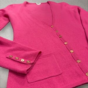 Kings of Cole 100% Cashmere Fuchsia Cardigan w/ Gold Studded Buddha Motif‎ M